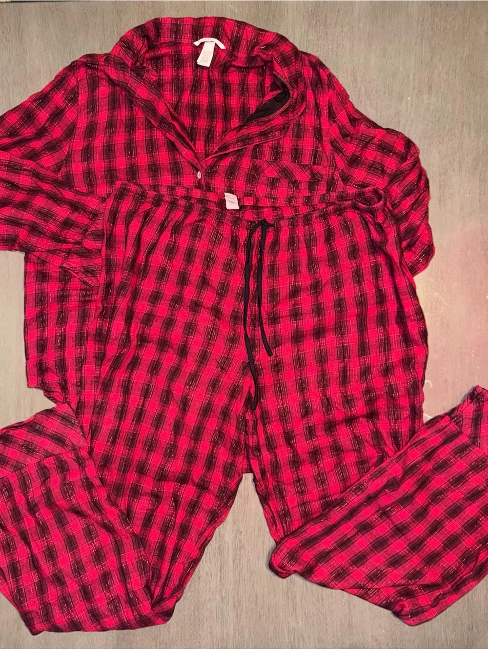 Victoria's Secret Flannel Pajama Set XL Red Black Buffalo Plaid Cotton Long PJ
